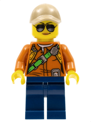 City Jungle Explorer Female - Dark Orange Shirt with Green Strap, Dark Blue Legs, Dark Tan Cap with Hole, Sunglasses