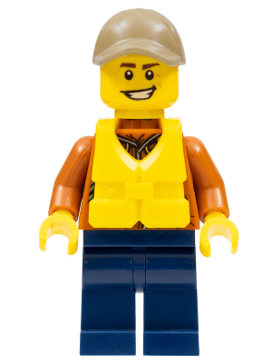 City Jungle Explorer - Dark Orange Jacket with Pouches, Dark Blue Legs, Dark Tan Cap with Hole, Life Jacket Center Buckle, Big Smile