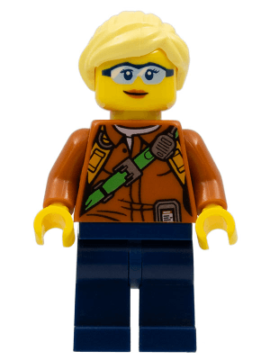 City Jungle Explorer Female - Dark Orange Shirt with Green Strap, Dark Blue Legs, Bright Light Yellow Ponytail and Swept Sideways Fringe