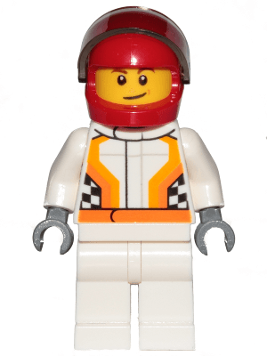 LEGO Race Car Driver White Racing Suit with Orange Stripes and Checkered Pattern Crooked Smi (cty0874) Town / City Minifigure