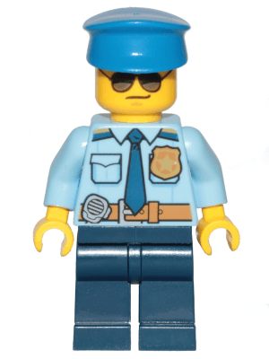 Police - City Officer Shirt with Dark Blue Tie and Gold Badge, Dark Tan Belt with Radio, Dark Blue Legs, Police Hat, Sunglasses