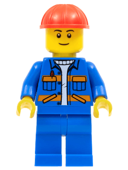 Blue Jacket with Diagonal Lower Pockets and Orange Stripes, Blue Legs, Red Construction Helmet