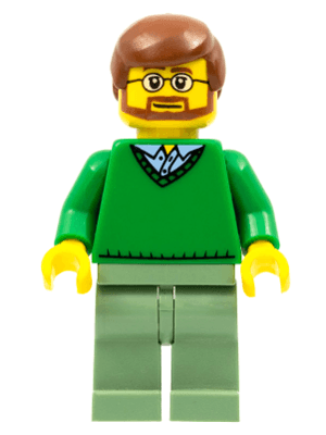 Green V-Neck Sweater, Sand Green Legs, Reddish Brown Hair, Beard