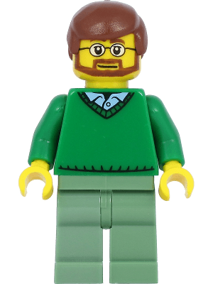 LEGO Green V-Neck Sweater over Button Down Shirt Collar with 1 Button Reddish Brown Hair Be (cty0893a) Town / City Minifigure