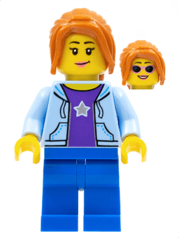 LEGO Hiker Female Bright Light Blue Hoodie over Dark Purple Star Shirt Dark Orange Ponytail Long with Side Bangs (cty0911) minifigure