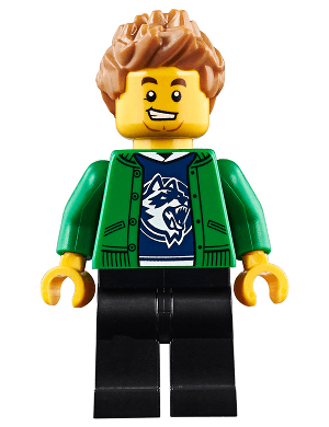 Hiker, Male, Green Jacket over Raccoon Shirt, Black Legs, Medium Nougat Spiked Hair