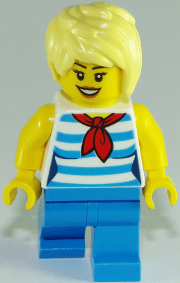 Ice Cream Vendor - Female, Dark Azure and White Striped Shirt with Red Scarf, Dark Azure Legs, Bright Light Yellow Short Tousled Hair with Side Part