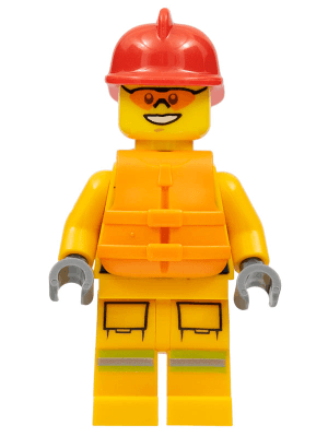 Fire - Reflective Stripes, Bright Light Orange Suit, Life Jacket, Red Fire Helmet
