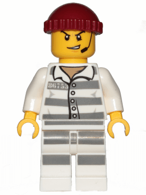 Sky Police - Jail Prisoner 86753 Prison Stripes, Scowl with Open Mouth and Headset, Dark Red Knit Cap