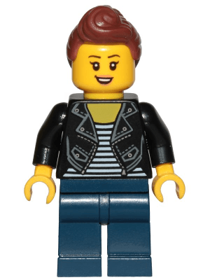 Teenage Girl, Black Jacket and White Shirt with Black Stripes, Dark Blue Legs, Reddish Brown Hair Female Ponytail and Fringe