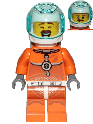 Astronaut - Male, Orange Spacesuit with Dark Bluish Gray Lines, Trans-Light Blue Visor, Large Smile with Eyes Closed and Smirk