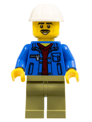 Truck Driver - Blue Jacket over Dark Red V-Neck Sweater, Olive Green Legs, White Construction Helmet