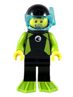 Diver - Male, Black Wetsuit with White Logo and Lime Trim and Flippers