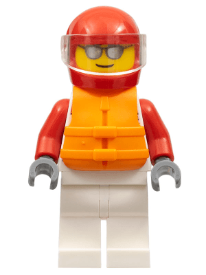 Race Boat Driver - Male, White and Red Racing Suit with 'XTREME' Logo, White Legs, Red Helmet, Trans-Clear Visor, Orange Life Jacket, Sunglasses