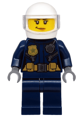 Police - ATV Driver Female, Leather Jacket with Gold Badge and Utility Belt, White Helmet, Trans-Clear Visor, Nougat Lips Smirk