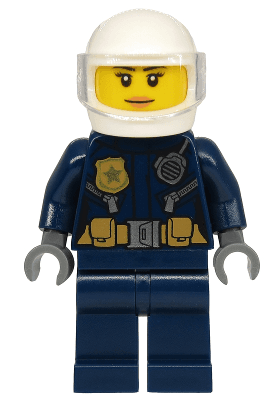 Police - City Motorcyclist Female, Leather Jacket with Gold Badge and Utility Belt, White Helmet, Trans-Clear Visor, Nougat Lips