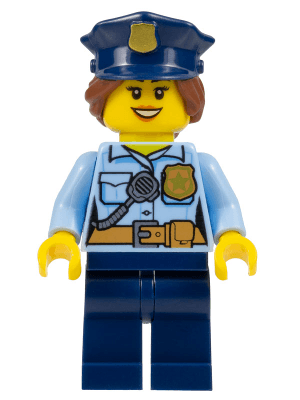 Police - City Officer Female, Bright Light Blue Shirt with Badge and Radio, Dark Blue Legs, Dark Blue Police Hat