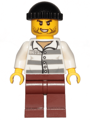 Police - Jail Prisoner 86753 Prison Stripes, Black Knit Cap, Reddish Brown Legs, Beard Stubble and Lopsided Grin