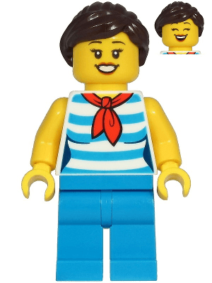 Diner Employee - Female, Dark Azure and White Striped Shirt with Red Scarf, Dark Azure Legs, Dark Brown Ponytail