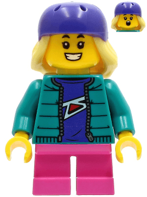 Child - Girl, Dark Turquoise Jacket over Dark Purple Shirt, Dark Pink Short Legs, Dark Purple Bicycle Helmet with Bright Light Yellow Hair