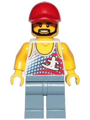 Skater - Tank Top with Surfer Silhouette, Sand Blue Legs, Red Cap, Black Angular Beard