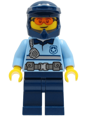 Police - City Officer Bright Light Blue Shirt with Silver Stripe, Badge, and Radio, Dark Blue Legs, Dark Blue Dirt Bike Helmet, Safety Glasses