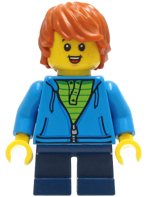 Child - Boy, Dark Azure Hoodie, Dark Blue Short Legs, Dark Orange Tousled Hair, Freckles, Smile with Teeth and Tongue