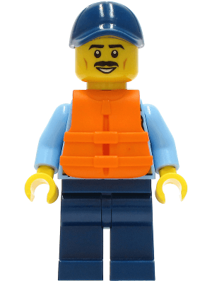 Police - City Officer Shirt with Dark Blue Tie and Gold Badge, Dark Tan Belt with Radio, Dark Blue Legs, Dark Blue Cap, Orange Life Jacket