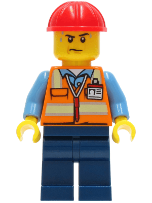 Construction Worker - Male, Orange Safety Vest with Reflective Stripes, Dark Blue Legs, Red Construction Helmet, Sweat Drops