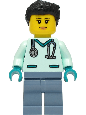 Wildlife Rescue Veterinarian - Female, Light Aqua Scrubs, Sand Blue Legs, Black Hair