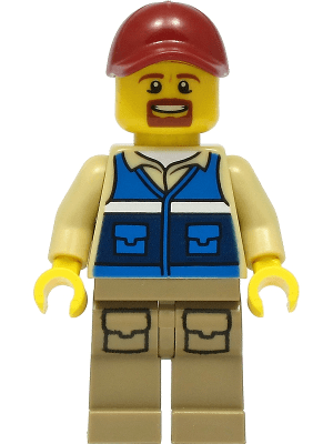 Wildlife Rescue Worker - Male, Dark Red Cap, Blue Vest with 'RESCUE' Pattern on Back, Dark Tan Legs with Pockets, Beard
