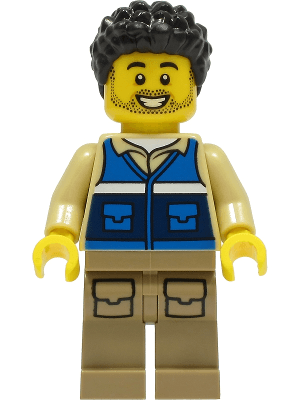 Wildlife Rescue Worker - Male, Blue Vest with 'RESCUE' Pattern on Back, Dark Tan Legs with Pockets, Black Hair