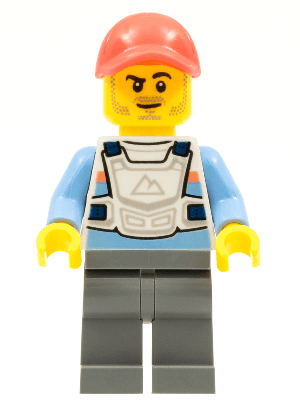 Alex - Stuntz Driver, White Racing Chest Protector with Medium Blue Arms, Dark Bluish Gray Legs, Coral Cap, Stubble