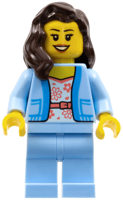 Female - Bright Light Blue Jacket over White Shirt with Coral Flowers, Bright Light Blue Legs, Dark Brown Hair