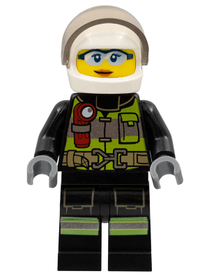 Fire - Reflective Stripes with Utility Belt and Flashlight, White Helmet, Trans-Brown Visor, Safety Glasses, Dark Orange Lips Closed Mouth Smile