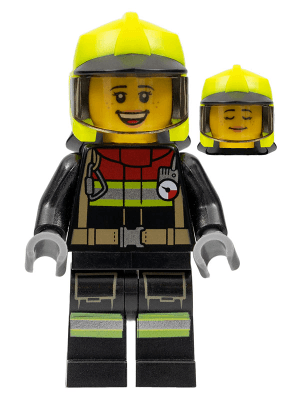 Fire - Female, Black Jacket and Legs with Reflective Stripes and Red Collar, Neon Yellow Fire Helmet, Trans-Brown Visor, Freckles (Sarah Feldman)