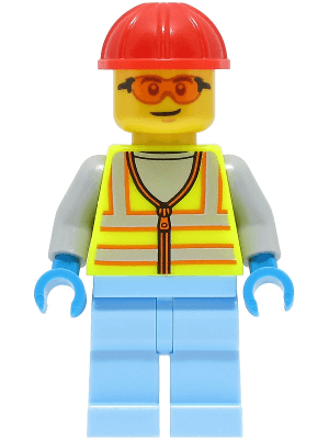 Space Engineer - Male, Neon Yellow Safety Vest with Reflective Stripes, Bright Light Blue Legs, Red Construction Helmet, Safety Glasses