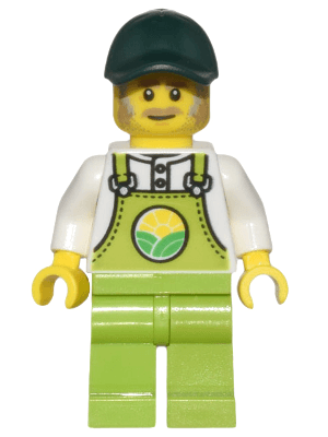 Farmer Horace - Lime Overalls over White Shirt, Lime Legs, Dark Green Cap, Dark Tan Moustache and Sideburns