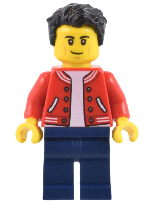 Man - Red Jacket, Dark Blue Legs, Black Hair, Smirk and Cheek Lines