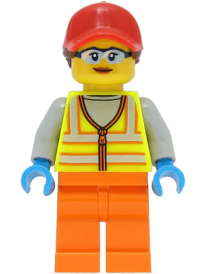 Reach Stacker Driver - Female, Neon Yellow Safety Vest with Reflective Stripes, Orange Legs, Red Ball Cap with Reddish Brown Ponytail