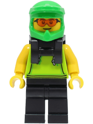 Food Delivery Cyclist - Male, Lime Hoodie, Black Legs, Bright Green Helmet, Neck Bracket, Safety Glasses