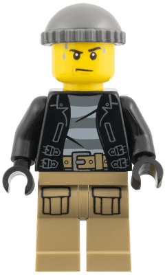 Police - City Bandit Crook, Black Leather Jacket, Dark Bluish Gray Knit Cap, Dark Tan Legs, Sweat Drops