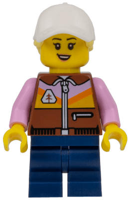 Dirt Bike Rider - Female, Reddish Brown Jacket, Dark Blue Medium Legs, White Cap with Bright Light Yellow Ponytail Hair