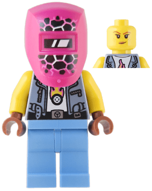 Mechanic - Female, Sand Blue Vest, Medium Blue Legs, Black Helmet, Magenta Welding Visor