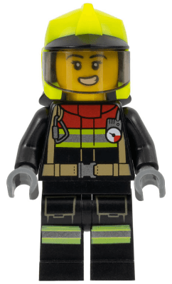 Fire - Female, Black Jacket and Legs with Reflective Stripes and Red Collar, Neon Yellow Fire Helmet, Trans-Brown Visor