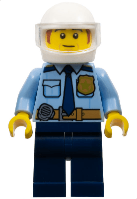 Police - City Shirt with Dark Blue Tie and Gold Badge, Dark Tan Belt with Radio, Dark Blue Legs, White Helmet, Sideburns