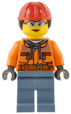 Construction Worker - Female, Orange Safety Jacket, Reflective Stripe, Sand Blue Hoodie, Sand Blue Legs, Red Construction Helmet with Dark Brown Ponytail Hair
