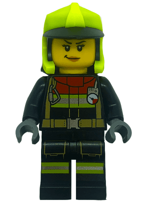 Fire - Female, Black Jacket and Legs with Reflective Stripes and Red Collar, Neon Yellow Fire Helmet, No Visor
