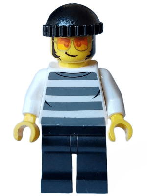 Police - City Bandit Crook Male, White Shirt with Dark Bluish Gray Prison Stripes, Black Legs, Black Knit Cap, Sunglasses