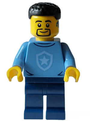 Police - City Officer in Training Male, Medium Blue Shirt with Badge, Dark Blue Legs, Black Short Hair, Beard, Hearing Aid